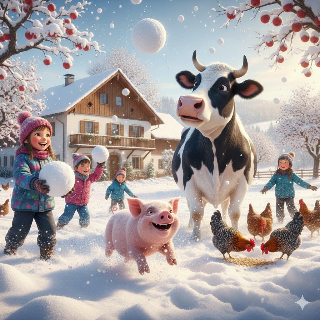 Schneeballschlacht auf dem Bauernhof